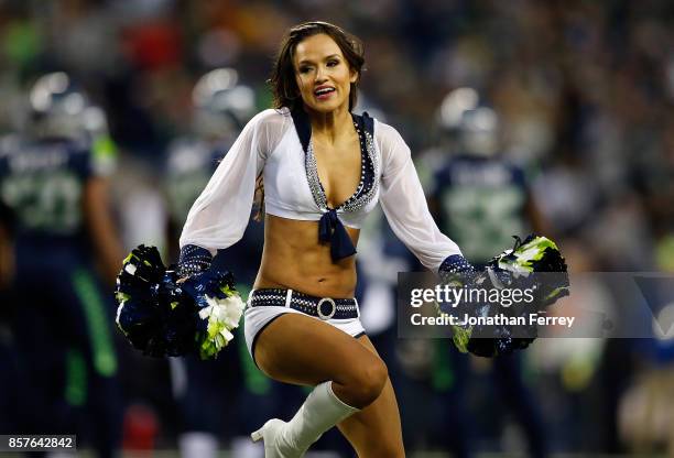 Cheerleaders of the Seattle Seahawks dance during the game against the Indianapolis Colts at CenturyLink Field on October 1, 2017 in Seattle,...