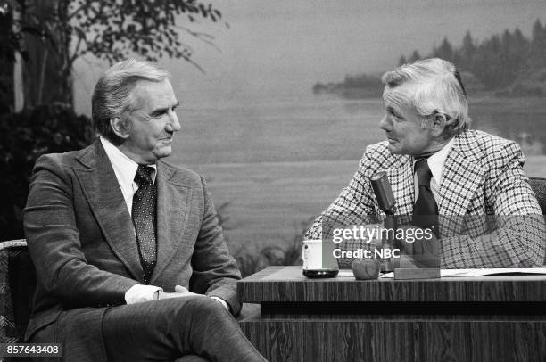 Pictured: Announcer Ed McMahon with host Johnny Carson on February 4, 1977 --