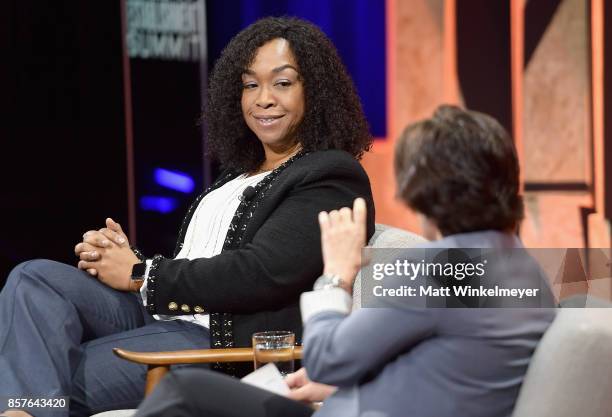 Founder of Shondaland Shonda Rhimes and Co-Founder of Recode Kara Swisher speak onstage during Vanity Fair New Establishment Summit at Wallis...