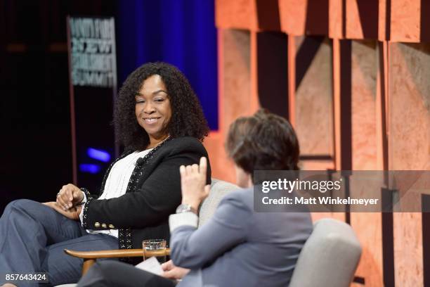 Founder of Shondaland Shonda Rhimes and Co-Founder of Recode Kara Swisher speak onstage during Vanity Fair New Establishment Summit at Wallis...