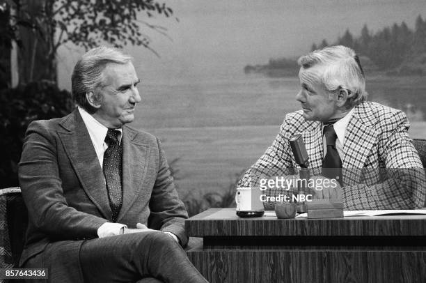 Pictured: Announcer Ed McMahon with host Johnny Carson on February 4, 1977 --