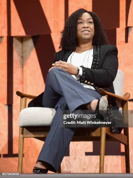 Founder of Shondaland Shonda Rhimes speaks onstage during Vanity Fair New Establishment Summit at Wallis Annenberg Center for the Performing Arts on...