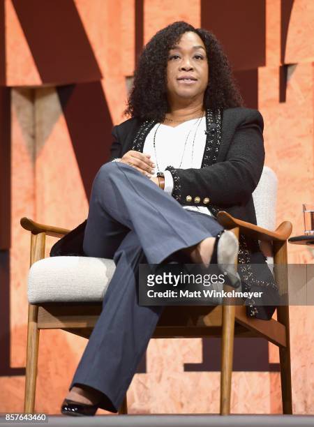 Founder of Shondaland Shonda Rhimes speaks onstage during Vanity Fair New Establishment Summit at Wallis Annenberg Center for the Performing Arts on...