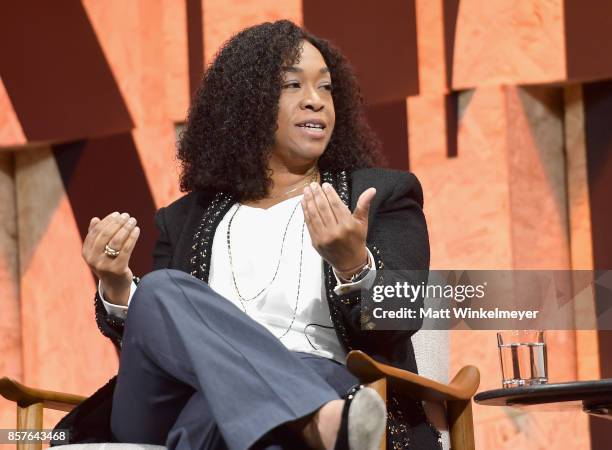 Founder of Shondaland Shonda Rhimes speaks onstage during Vanity Fair New Establishment Summit at Wallis Annenberg Center for the Performing Arts on...