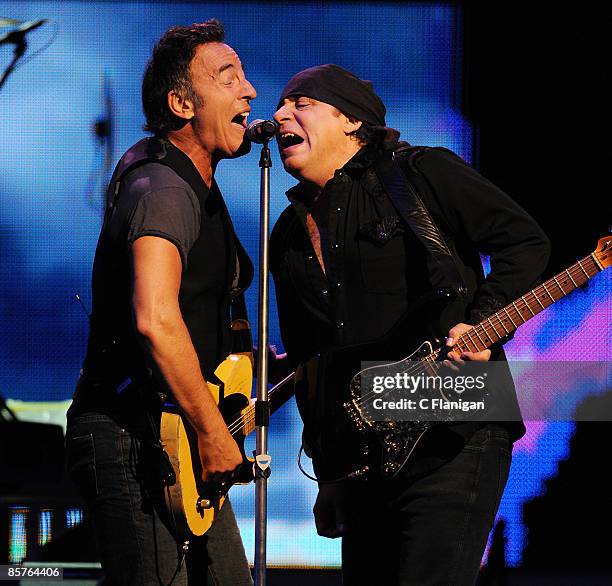 Bruce Springsteen and guitarist Steven Van Zandt of The E Street Band perform live at the HP Pavilion on April 1, 2009 in San Jose, California.