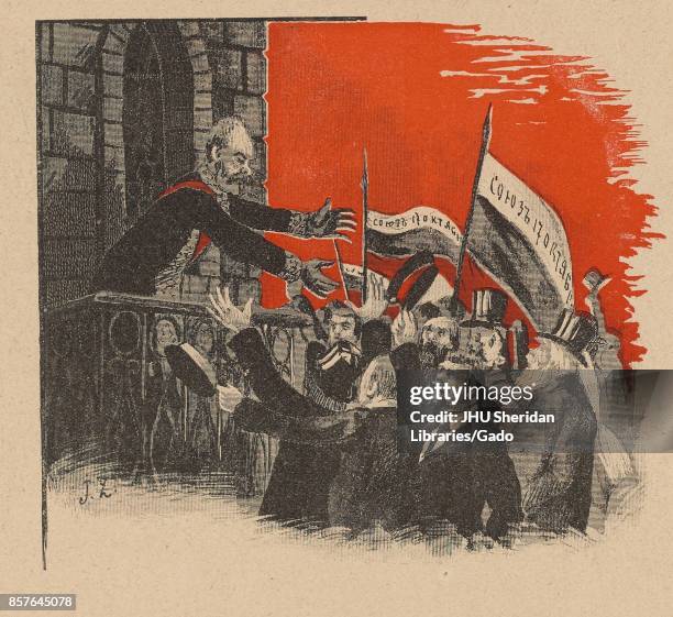 Cartoon from the Russian satirical journal Ovod depicting Tsar Nicholas II surrounded by a crowd of people waving flags with 'Union October 17'...