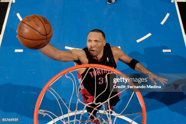 Shawn Marion of the Toronto Raptors rebounds against the Orlando Magic during the game on April 1, 2009 at Amway Arena in Orlando, Florida. NOTE TO...