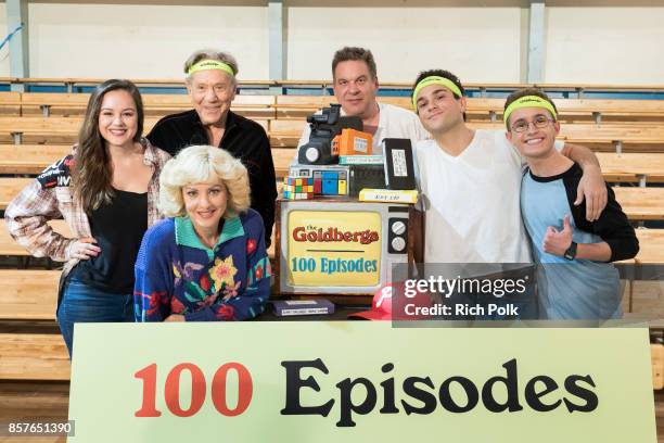 Actors Hayley Orrantia, George Segal, Jeff Garlin, Troy Gentile, Sean Giambrone and Wendi McLendon-Covey pose for a photo at event celebrating the...