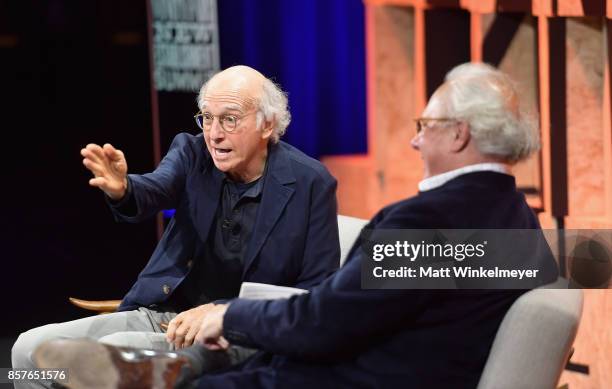 Larry David and Editor-in-chief, U.S. Vanity Fair Graydon Carter speak onstage during Vanity Fair New Establishment Summit at Wallis Annenberg Center...