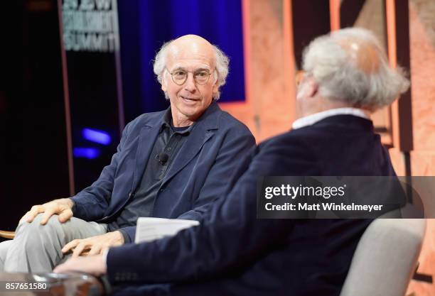 Larry David and Editor-in-chief, U.S. Vanity Fair Graydon Carter speak onstage during Vanity Fair New Establishment Summit at Wallis Annenberg Center...