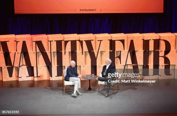 Larry David and Editor-in-chief, U.S. Vanity Fair Graydon Carter speak onstage during Vanity Fair New Establishment Summit at Wallis Annenberg Center...