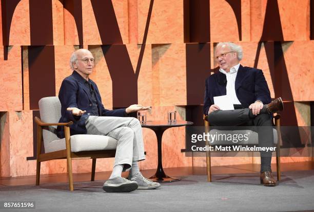 Larry David and Editor-in-chief, U.S. Vanity Fair Graydon Carter speak onstage during Vanity Fair New Establishment Summit at Wallis Annenberg Center...