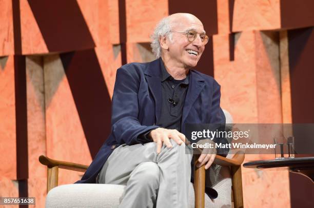 Larry David speaks onstage during Vanity Fair New Establishment Summit at Wallis Annenberg Center for the Performing Arts on October 4, 2017 in...