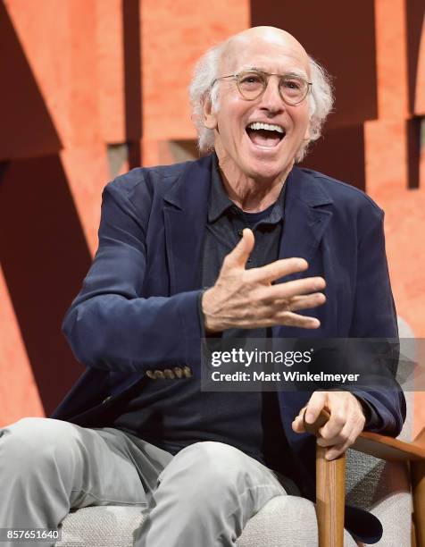 Larry David speaks onstage during Vanity Fair New Establishment Summit at Wallis Annenberg Center for the Performing Arts on October 4, 2017 in...