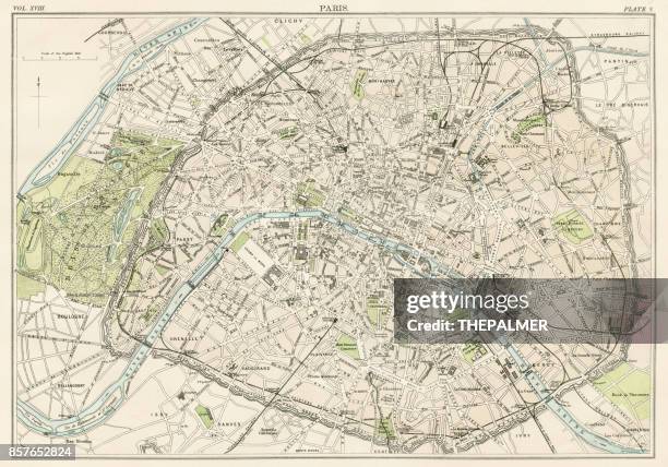stockillustraties, clipart, cartoons en iconen met plattegrond van de stad parijs 1885 - parijs frankrijk
