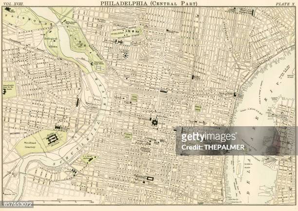 karte von philadelphia 1885 - philadelphia pennsylvania map stock-grafiken, -clipart, -cartoons und -symbole
