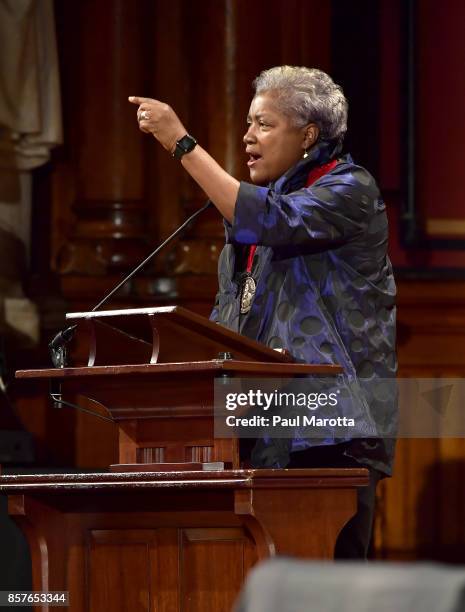 Donna Brazile was one of eight recipients of the 2017 W.E.B. DuBois Medal at Harvard University's Sanders Theatre on October 4, 2017 in Cambridge,...