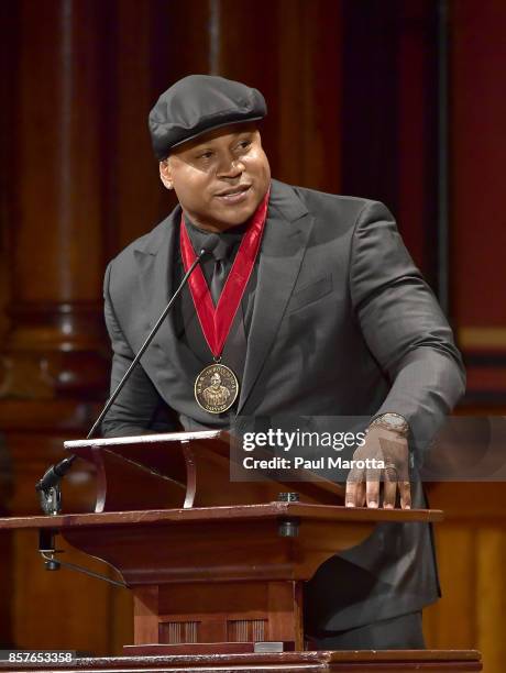 Cool J was one of eight recipients of the 2017 W.E.B. DuBois Medal at Harvard University's Sanders Theatre on October 4, 2017 in Cambridge,...