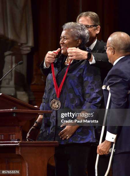 Donna Brazile was one of eight recipients of the 2017 W.E.B. DuBois Medal at Harvard University's Sanders Theatre on October 4, 2017 in Cambridge,...