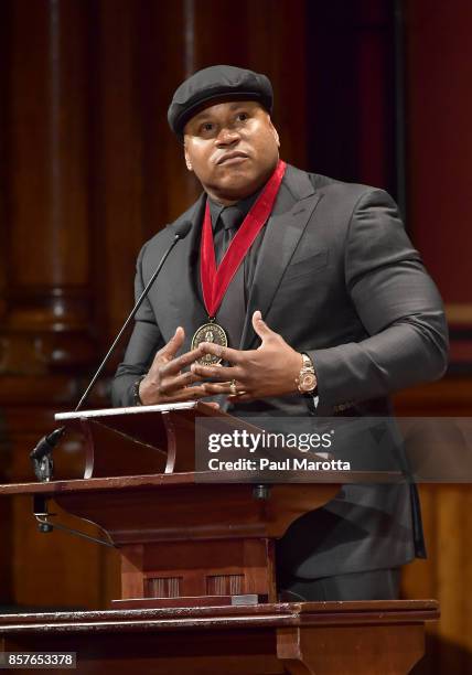 Cool J was one of eight recipients of the 2017 W.E.B. DuBois Medal at Harvard University's Sanders Theatre on October 4, 2017 in Cambridge,...