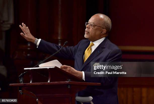 Harvard's Henry Louis Gates speaks at the 2017 W.E.B. DuBois Medal Ceremony at Harvard University's Sanders Theatre on October 4, 2017 in Cambridge,...