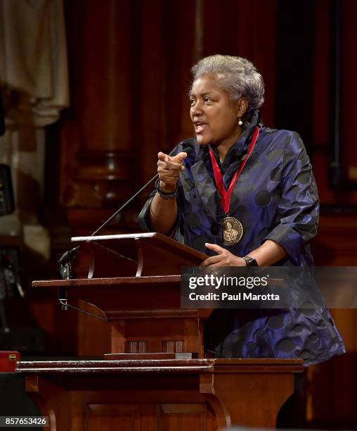 Donna Brazile was one of eight recipients of the 2017 W.E.B. DuBois Medal at Harvard University's Sanders Theatre on October 4, 2017 in Cambridge,...