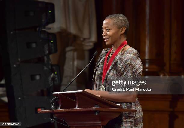 Kara Walker was one of eight recipients of the 2017 W.E.B. DuBois Medal at Harvard University's Sanders Theatre on October 4, 2017 in Cambridge,...