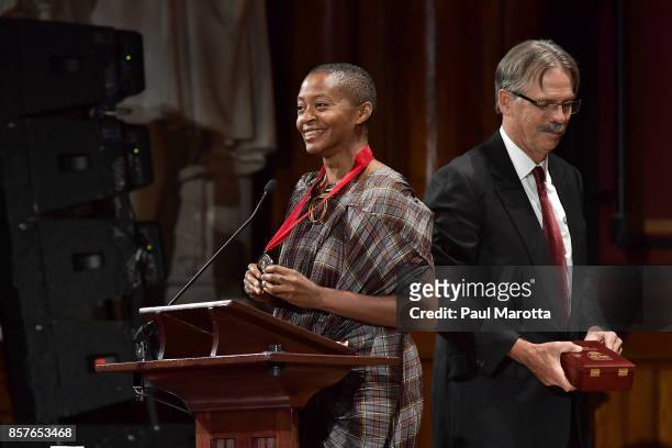 Kara Walker was one of eight recipients of the 2017 W.E.B. DuBois Medal at Harvard University's Sanders Theatre on October 4, 2017 in Cambridge,...