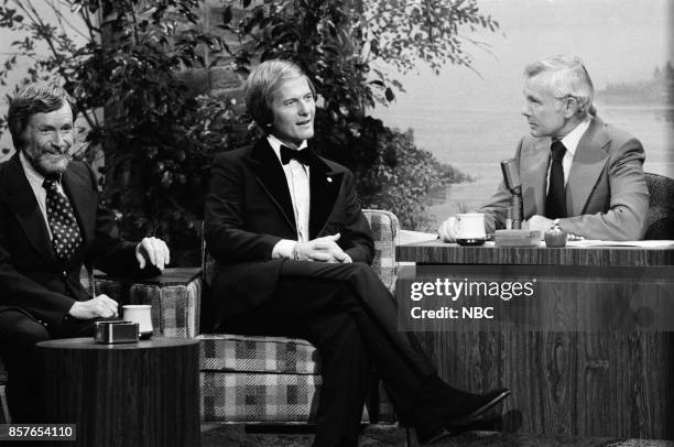 Pictured: Actor Orson Bean and singer Pat Boone during an interview with host Johnny Carson on February 9, 1977 --