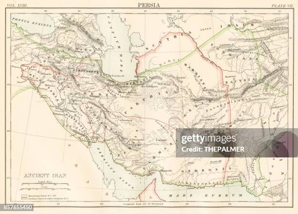 ancient iran map 1885 - persian culture stock illustrations
