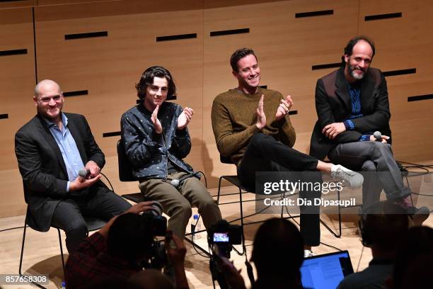 Michael Stuhlbarg, Timothee Chalamet, Armie Hammer, and director Luca Guadagnino attend NYFF Live: Making "Call Me by Your Name" during the 55th New...