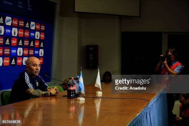 The coach of the Argentinian soccer team, Jorge Sampaoli holds a press conference ahead of the match between Argentina and Peru for the South...