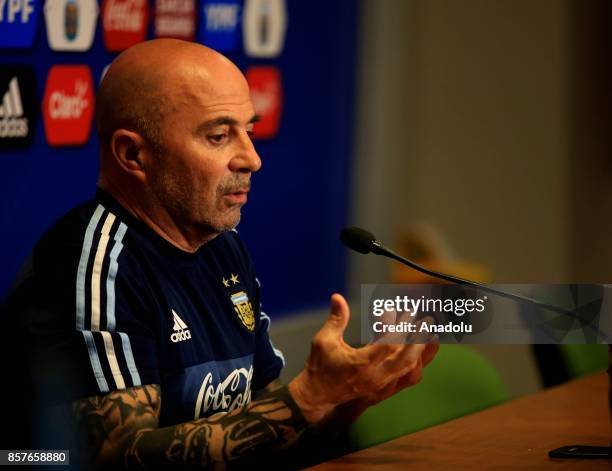 The coach of the Argentinian soccer team, Jorge Sampaoli holds a press conference ahead of the match between Argentina and Peru for the South...