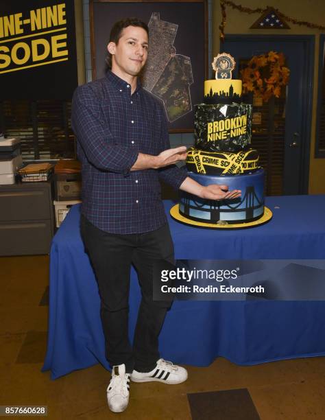Actor Andy Samberg poses for portrait as Fox's "Brooklyn Nine-Nine" celebrates their 99th episode at CBS Studio Center on October 4, 2017 in Studio...