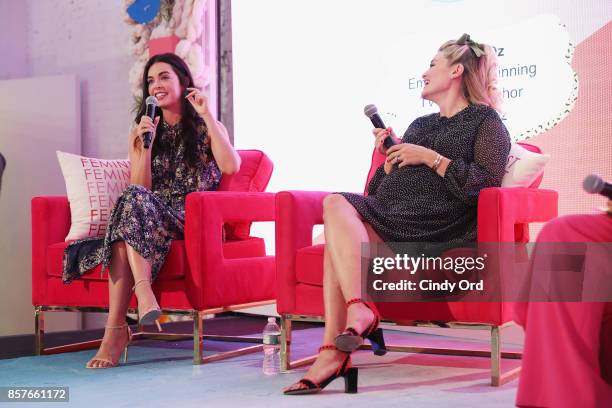 Katie Lee and Daphne Oz speak onstage as Brit + Co Kicks Off Experiential Pop-Up #CreateGood with Allison Williams and Daphne Oz at Brit + Co on...