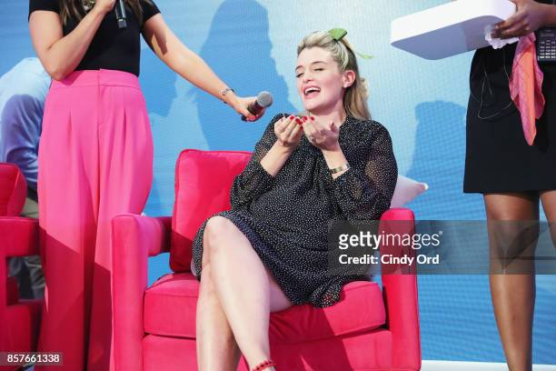 Daphne Oz speaks onstage as Brit + Co Kicks Off Experiential Pop-Up #CreateGood with Allison Williams and Daphne Oz at Brit + Co on October 4, 2017...