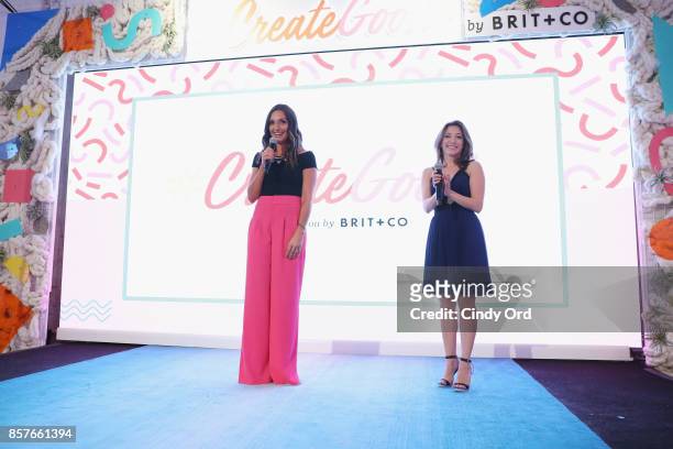 Brit Morin and Christina Bianco speak onstage as Brit + Co Kicks Off Experiential Pop-Up #CreateGood with Allison Williams and Daphne Oz at Brit + Co...