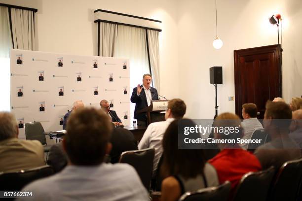 Mark Latham talks during the launch of his new book 'Outsiders - I won't be silenced' on October 5, 2017 in Sydney, Australia. The former Leader of...