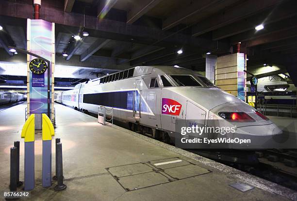 Train in the SNCF railwaystation Gare de Montparnasse in Paris, FEBRUARY 25, 2009. The TGV highspeed trains in southern direction depart from here.