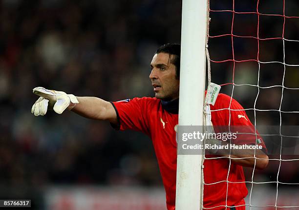 Goalkeeper Gianluigi Buffon of Italy in action during the FIFA 2010 World Cup Qualifier between Italy and The Republic of Ireland in the Stadio San...