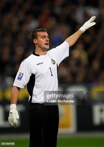 Lithuania goalkeeper Zydrunas Karcemarskas in action during the group 7 FIFA2010 World Cup Qualifier between France and Lithuania at Saint Denis,...