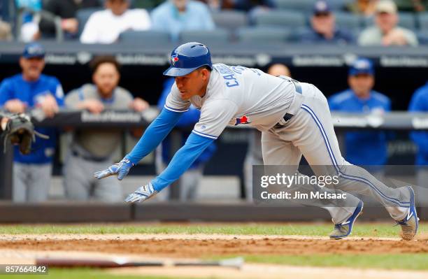 Ezequiel Carrera of the Toronto Blue Jays in action against the New York Yankees at Yankee Stadium on September 30, 2017 in the Bronx borough of New...