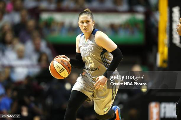 Lindsay Whalen of the Minnesota Lynx handles the ball against the Los Angeles Sparks in Game 5 of the 2017 WNBA Finals on October 4, 2017 in...