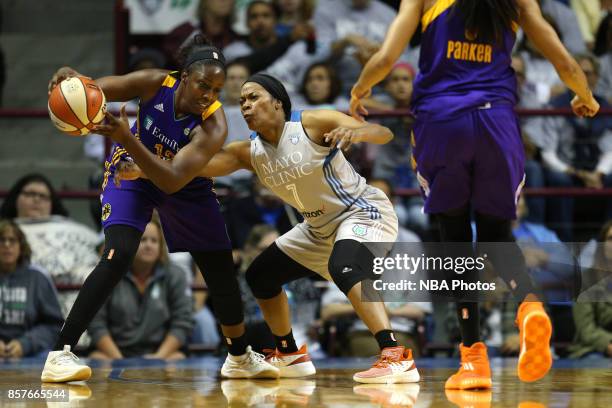 Jia Perkins of the Minnesota Lynx attempts to steal the ball from Chelsea Gray of the Los Angeles Sparks in Game 5 of the 2017 WNBA Finals on October...