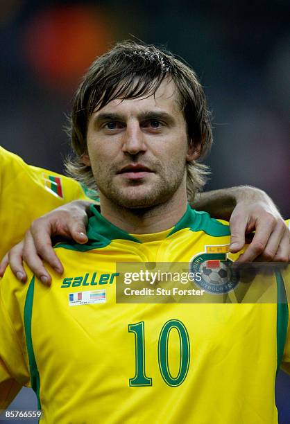 Lithuania player Mindaugas Kalonas looks on before the group 7 FIFA2010 World Cup Qualifier between France and Lithuania at Saint Denis, Stade de...