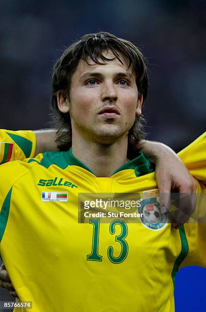 Lithuania player Saulius Mikoliunas looks on before the group 7 FIFA2010 World Cup Qualifier between France and Lithuania at Saint Denis, Stade de...