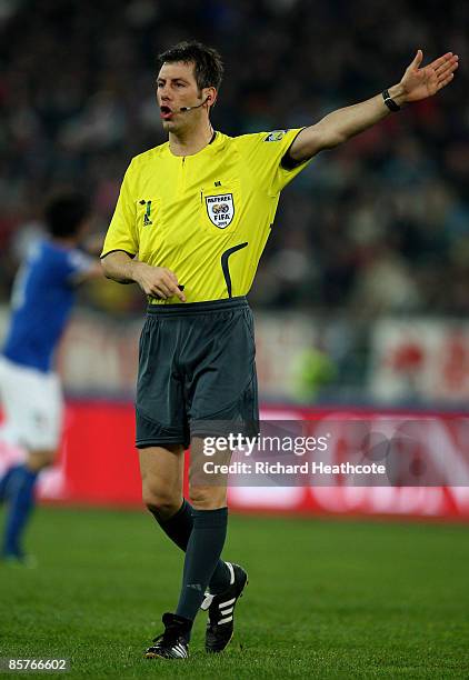 Referee Wolfgang Stark in action during the FIFA 2010 World Cup Qualifier between Italy and The Republic of Ireland in the Stadio San Nicola on April...