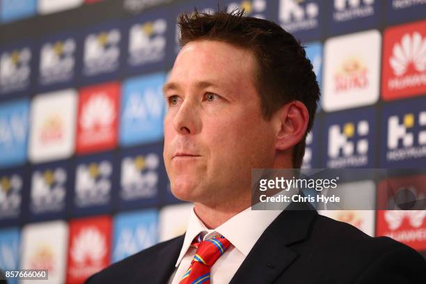 Stuart Dew speaks to the media after being appointed Senior Coach during a Gold Coast Suns AFL press conference at their training facility on October...