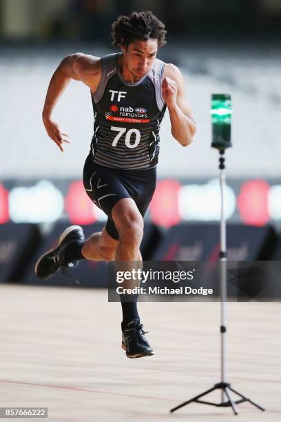 Aiden Bonar from Dandenong Stingrays takes part in the 20m sprint during the AFL Draft Combine at Etihad Stadium on October 5, 2017 in Melbourne,...