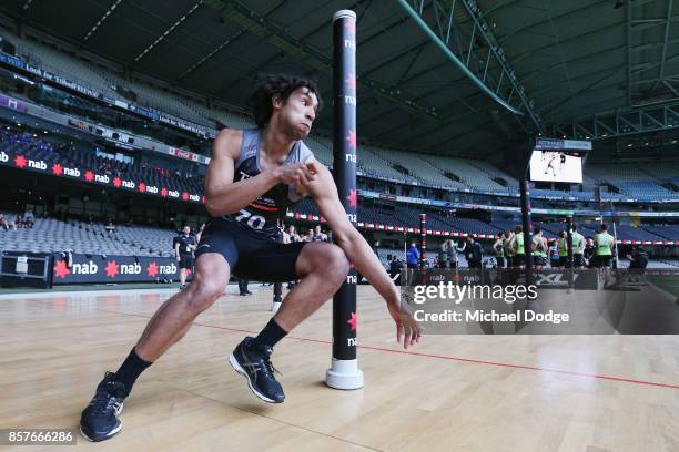 Aiden Bonar from Dandenong Stingrays takes part in Agility test during the AFL Draft Combine at Etihad Stadium on October 5, 2017 in Melbourne,...